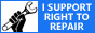 Button stating 'I SUPPORT RIGHT TO REPAIR,' with a fist holding a wrench up in the air