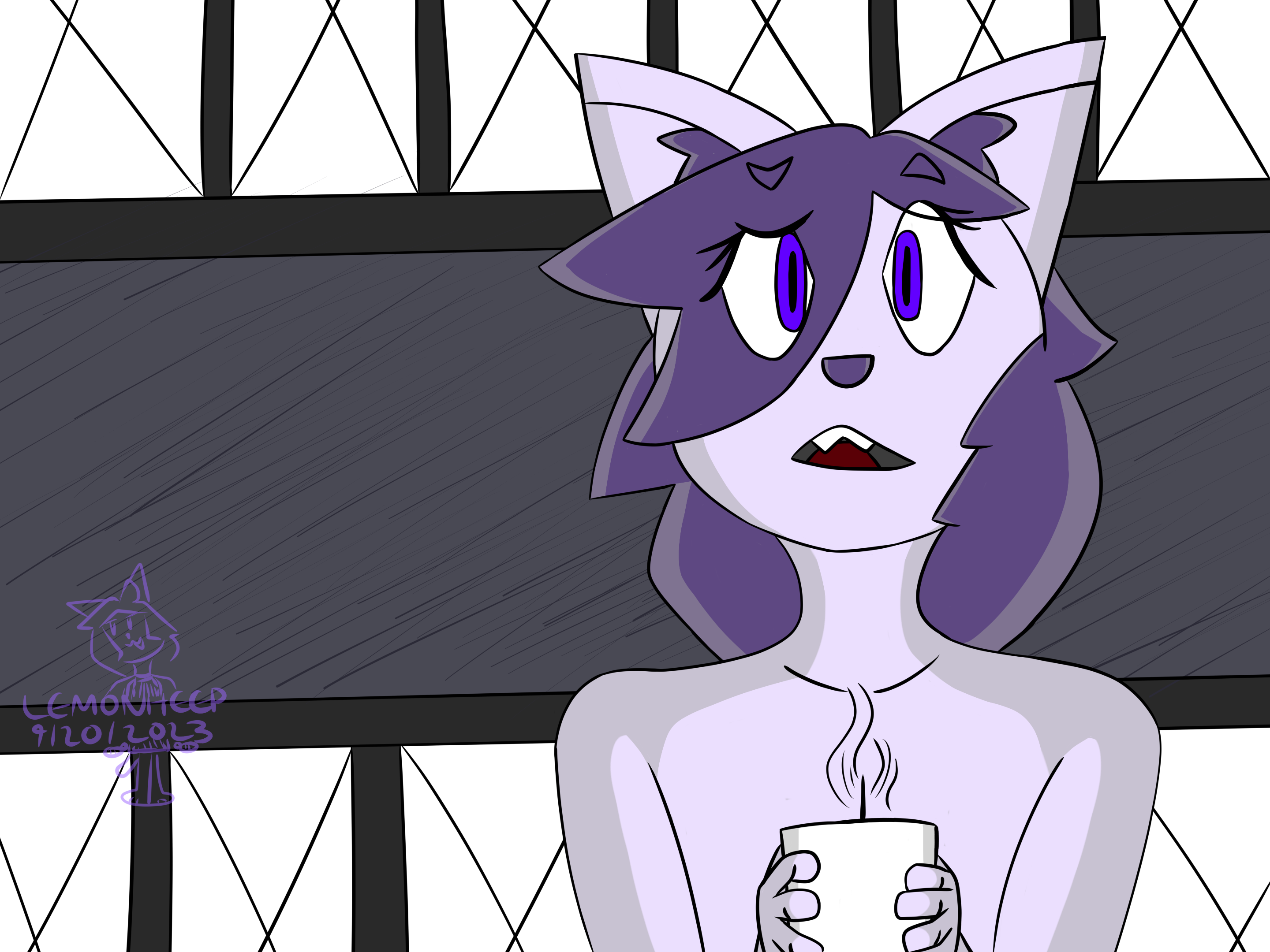 This is a digital artwork of Sarissa, a purple dog with pronounced eyelashes and thick, long hair, holding a cup of steaming, warm coffee. He is shirtless and looking with amusement (due to being given the cup) to the front, where Lancet is. Behind both of them is a wide window on the cafe showing heavy, dark rainfall.
