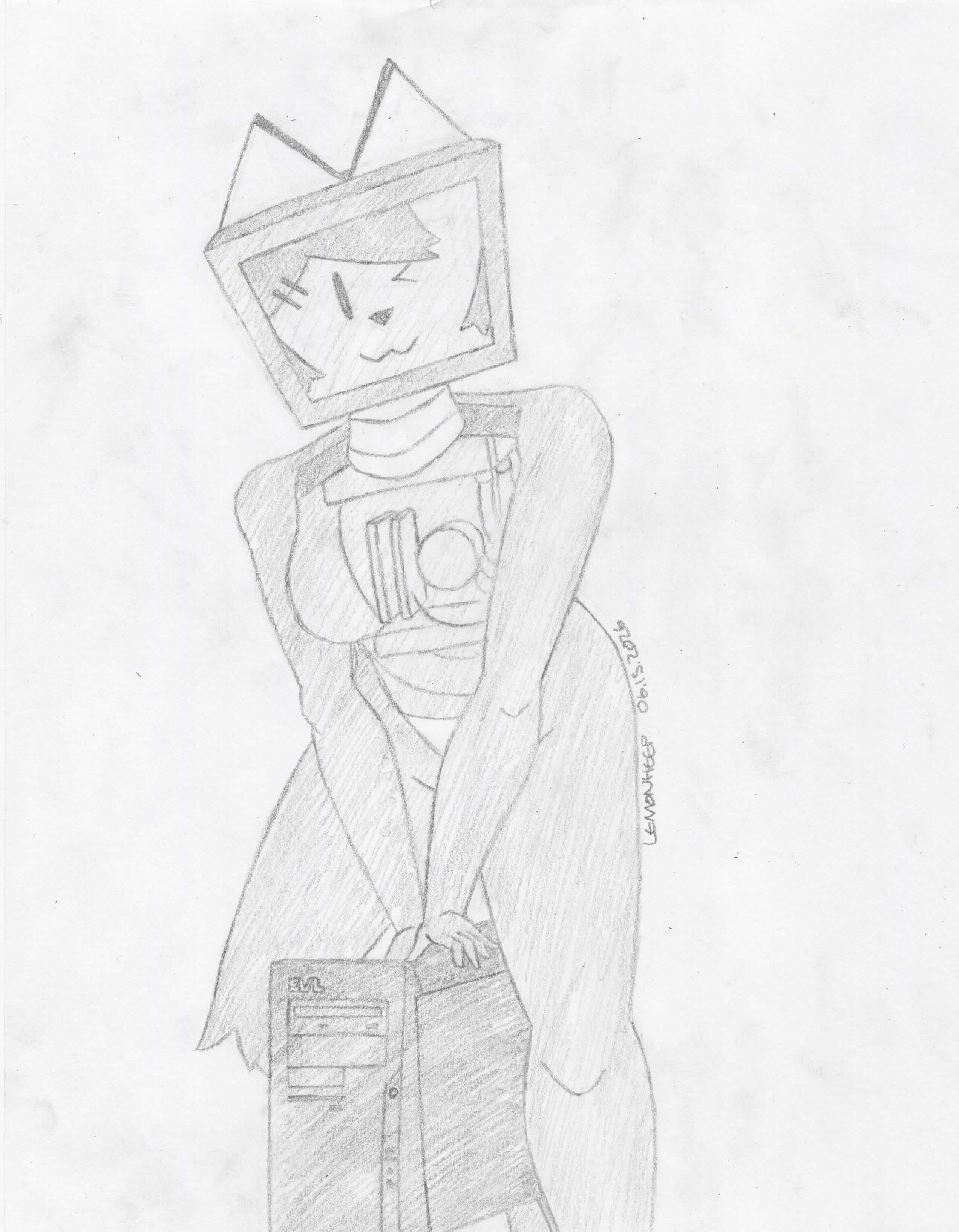 This is a pencil artwork of Qompac, an anthro robot with a CRT monitor (an older type of computer monitor that was heavy and thick) for a head and the innards of a desktop PC inside her translucent chest. She is winking at you while sitting on a black PC (a parody of an IBM NetVista desktop from the early 2000's, but with EVL branding instead).