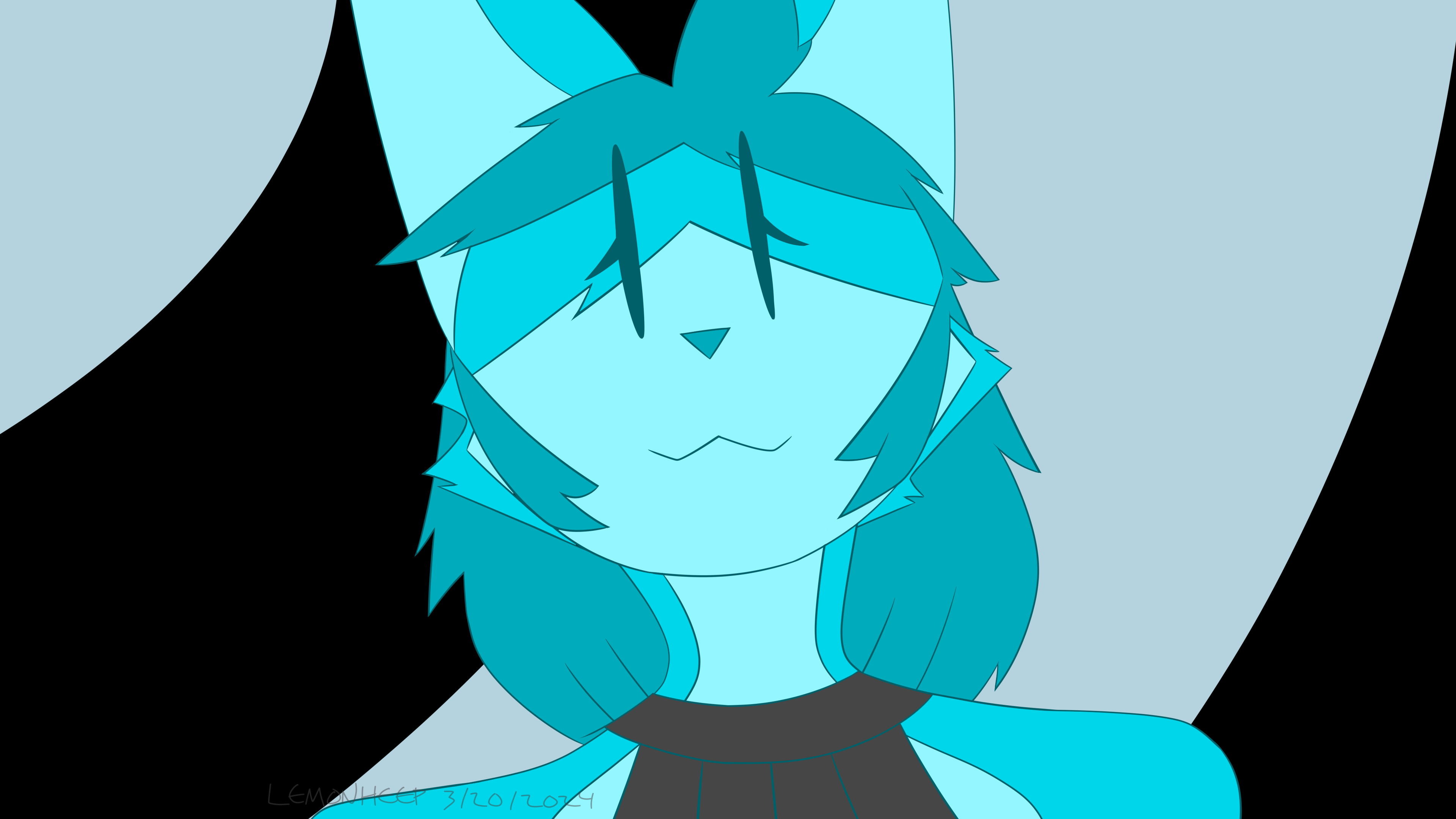 This is a digital artwork of Poppy, a bright blue fox with long, messy hair and a sleeveless sweater. She is looking directly at you, and behind her is a circular pale-blue and black pattern.