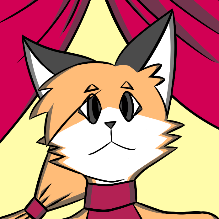 This is a digital artwork of an orange fox, who is in a tight red dress and arm warmers and has a large ponytail and bangs on one side. He is attending a fancy party, where a few pink tables with wine and empty plates are scattered around him and large red curtains are draped over the walls.