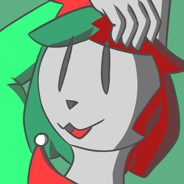 This is a digital artwork of Poppy, my fursona. She is leaning to the left, with one arm up her head and the other to her side, and she has red-and-green hair (with different sides being dyed one color). She is wearing an elf costume, which is green with red in some parts and with a belt in the middle. The background is green, white, and red with snowflakes around poppy, and the bottom states in cursive "Happy Holidays! from Poppy Farbird."