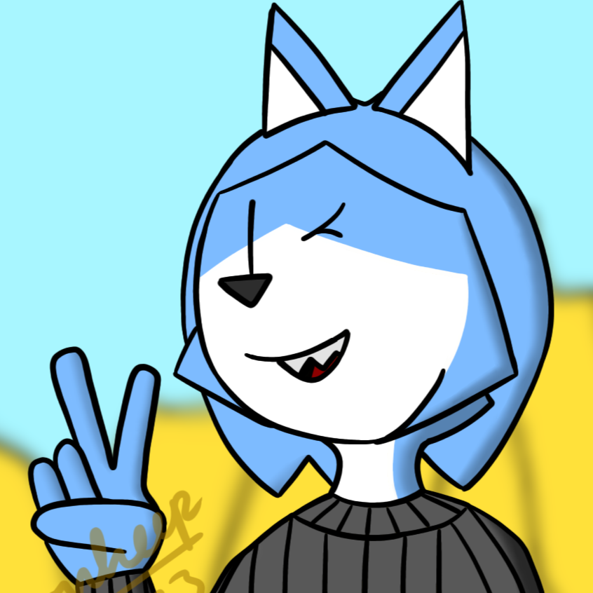 This is a digital artwork of Fran, a light-blue transfem fox who is in a silver crop-top t-shirt and a black tight shirt underneath it. She is holding two signs - one of a melon and one of an eggplant.