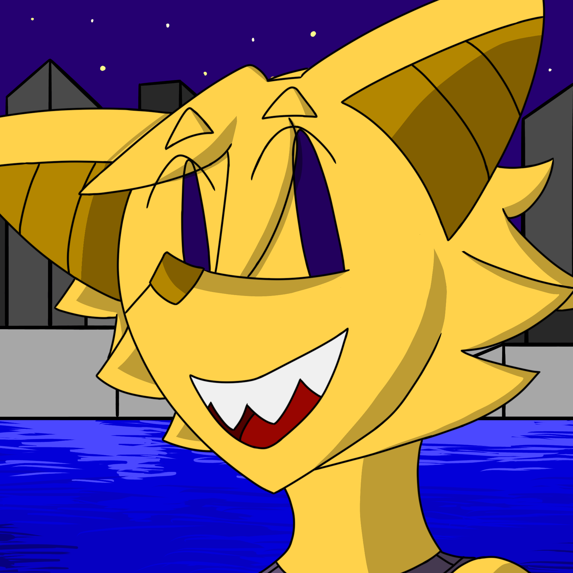 Digital artwork of Toshi (A yellow bat in a purple shirt) standing behind a cityscape separated by water at night.