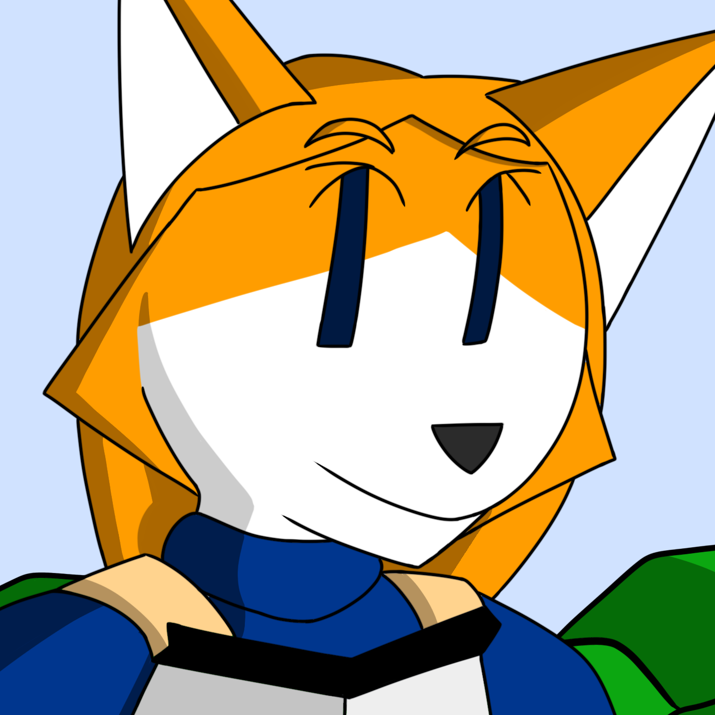 This is a digital artwork of Niki, an orange foxgirl with gray armor and a dark-blue (or maybe indigo) suit underneath it. She is sitting down besides a tilted ledge, with a sea and faraway land behind her.