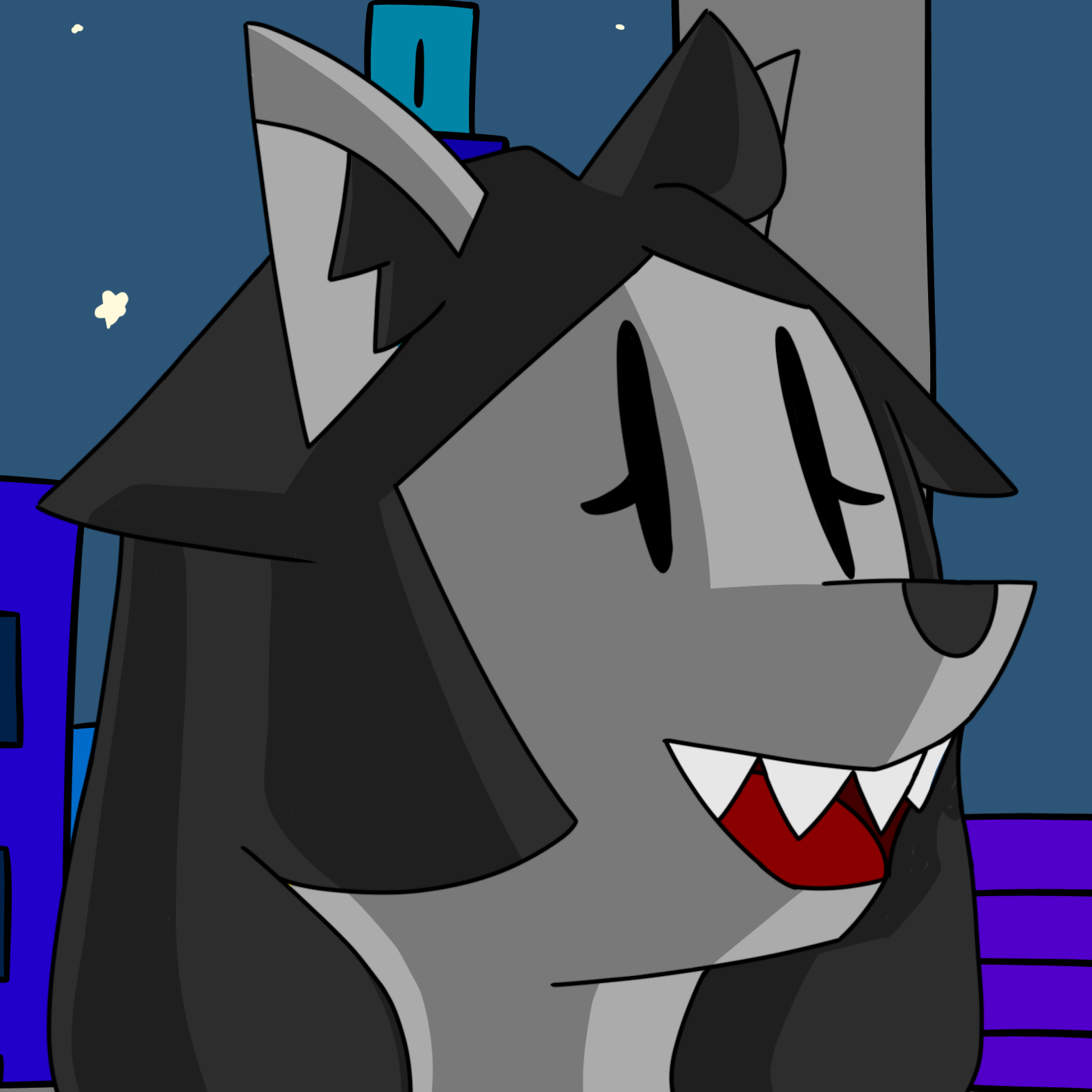 This is a digital artwork of Poppy, my fursona who is a gray cat with long, black hair and a beige sweater. Behind her are various windows showing numerous tall buildings and a night sky above it. She looks to the right and states "How are 'ya likin' the city so far, pal?"