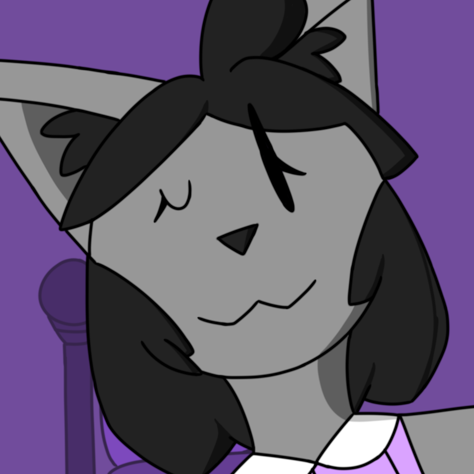 This is a digital drawing of my fursona, Poppy, who is a gray cat with black hair and oval dot eyes. They are wearing a plaid lavender tanktop bodysuit and dark purple pants, and behind them is a purple room with a bed. They have one arm to their hip and the other to their side, winking at you as it they're flirting.