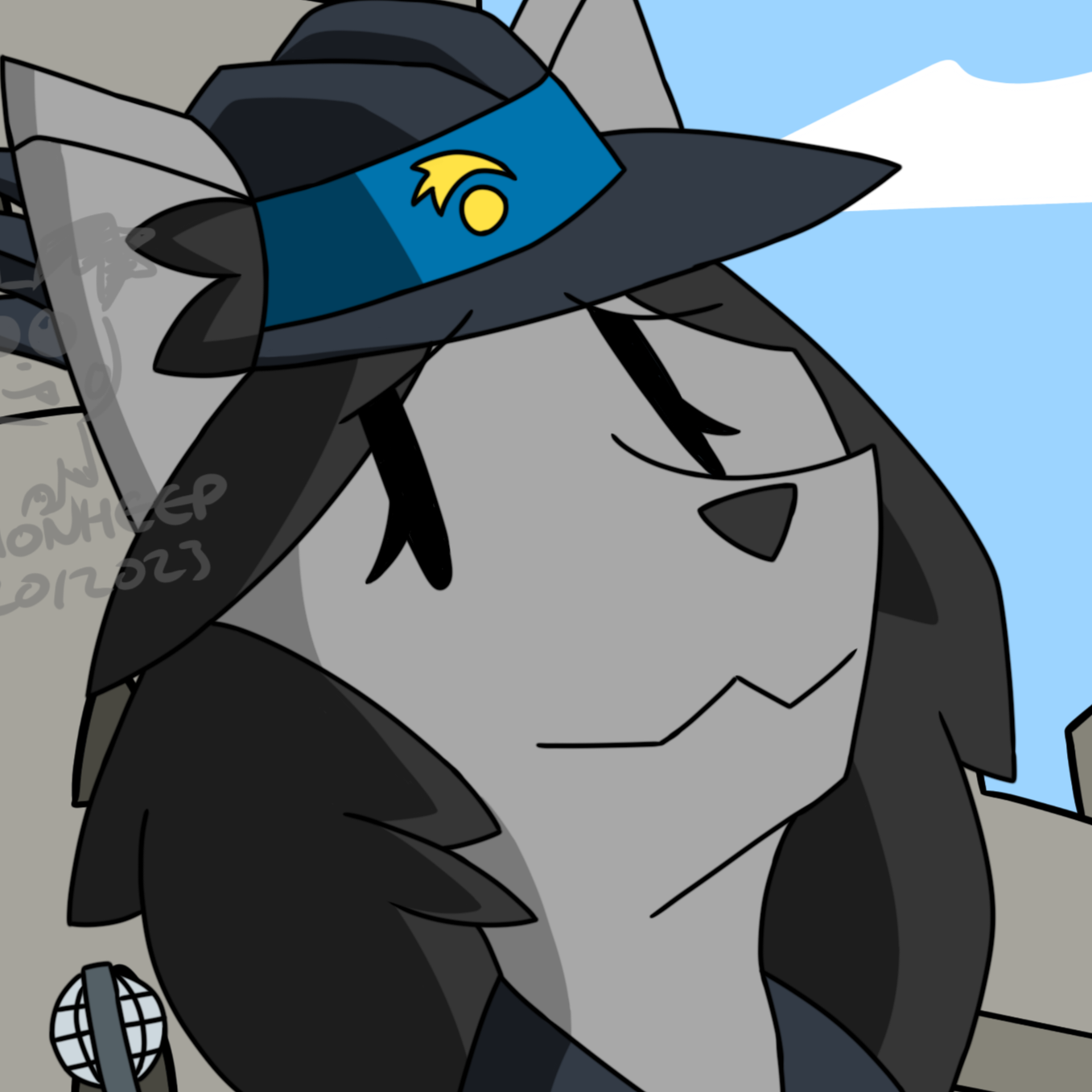 This is a digital artwork of Poppy, my fursona and a gray cat with long, messy, black hair. However, they are also wearing Sir Aaron's outfit, which is overall blue and consists of an archer's hat, a dark cape, a long tunic, gloves, and small gold details throughout. They're also holding a wooden staff, with metal enveloping a shiny round crystal at the top. Behind them is a grayish-brown castle and a blue sky behind that.