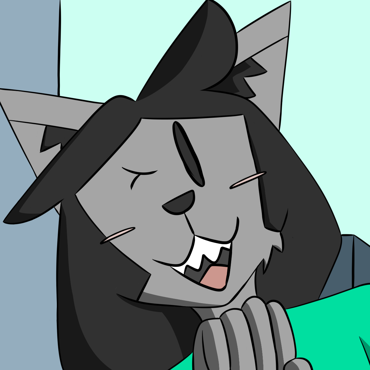 Here's my fursona, Poppy, in the form of a male, gray cat with black hair and a teal shirt. He is meowing with clenched knuckles in front, blushing, and standing in a blue town street.