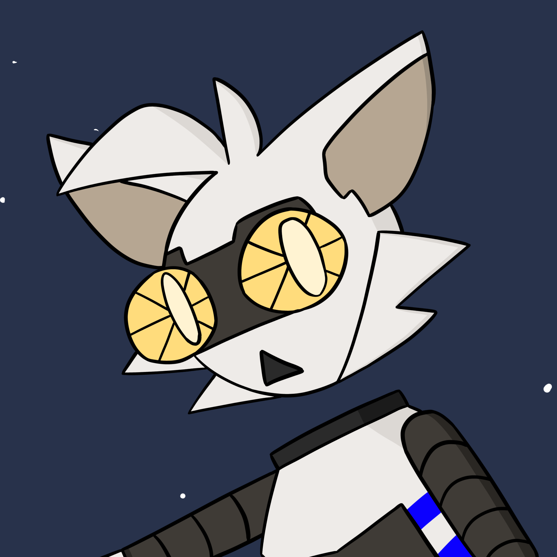 This is a digital artwork of Oberorka's robot character. They are floating in space, with faraway stars all around them, and they are designed like an animal from Earth, with large batlike wings, floofy cheeks, and a pointed long tail. They are also mostly silver with spotlights for a pair of eyes, a steel vest with a window, extendable arms, and floating legs.