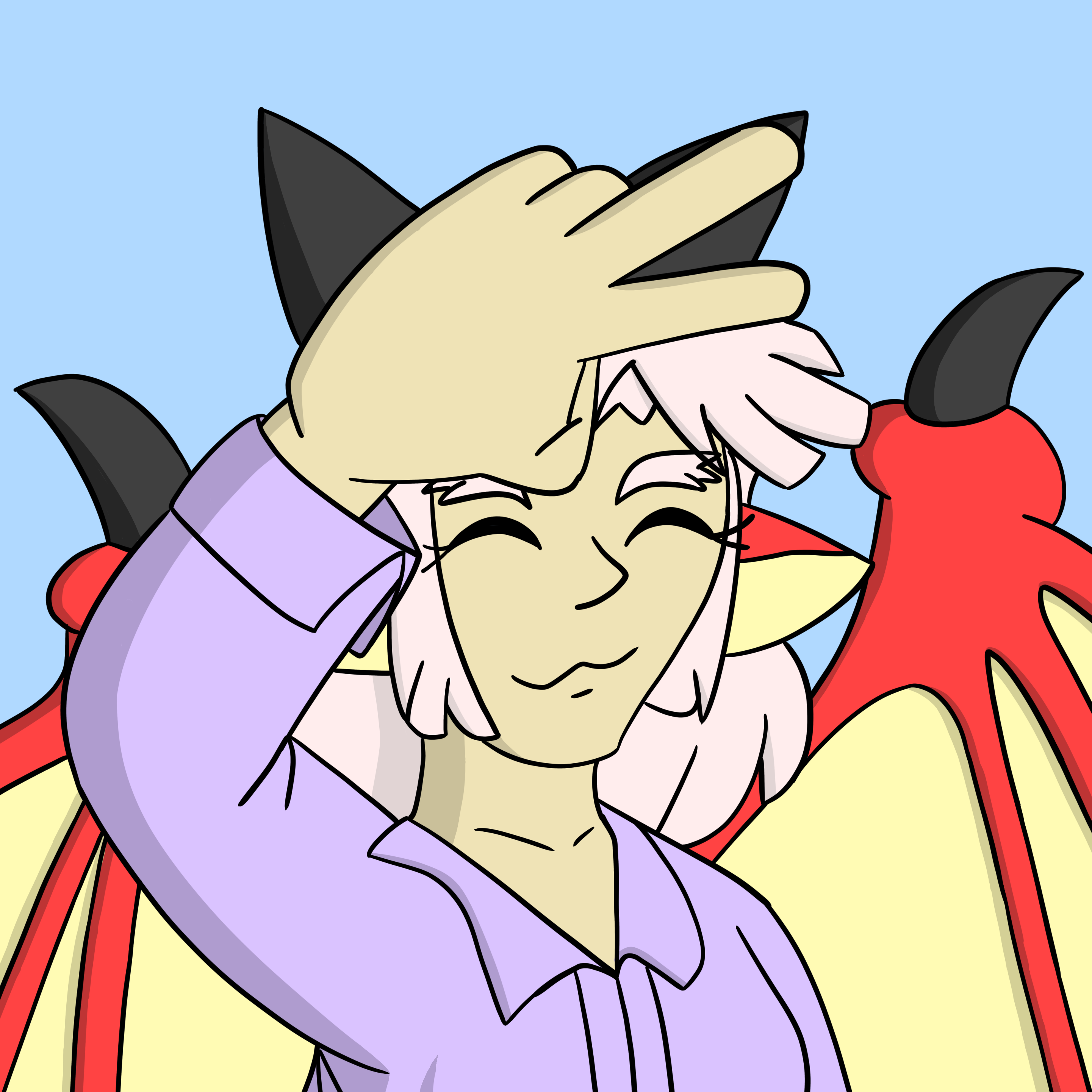 This is a digital fanart of MasterRodin's Sam, a red dragon with large wings and black horns all around their body. Here, they have shapeshifted to an adult female form, where they are showing a peace sign and wearing a loose purple dress shirt.