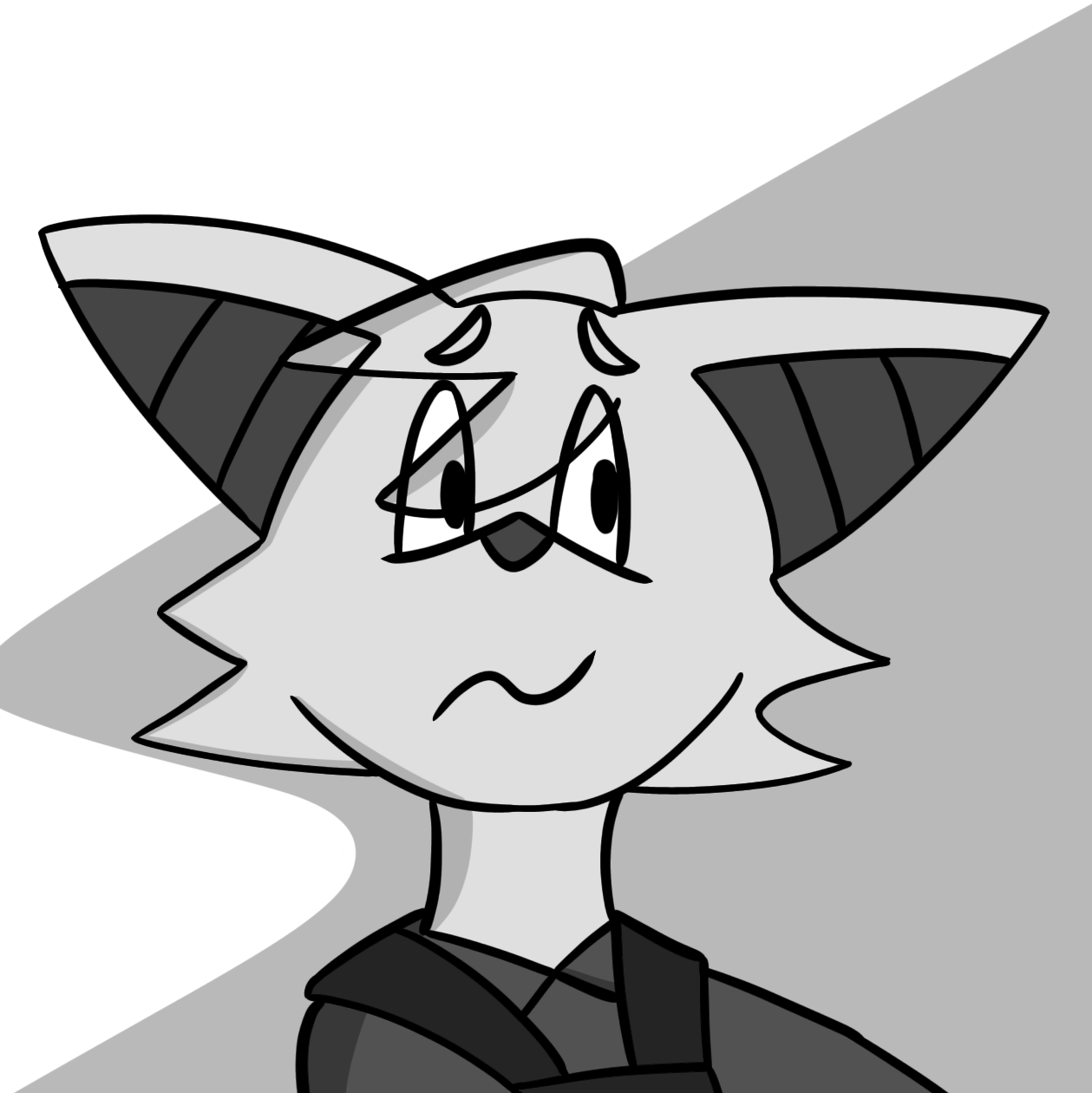 A black-and-white digital artwork of my bat, Toshi, although with pupils since it was from an older design. He is in a military uniform with a dress shirt, bulletproof vest, pants, and tall boots. He is also holding a FAMAS rifle and looking to the right, nervous about something.