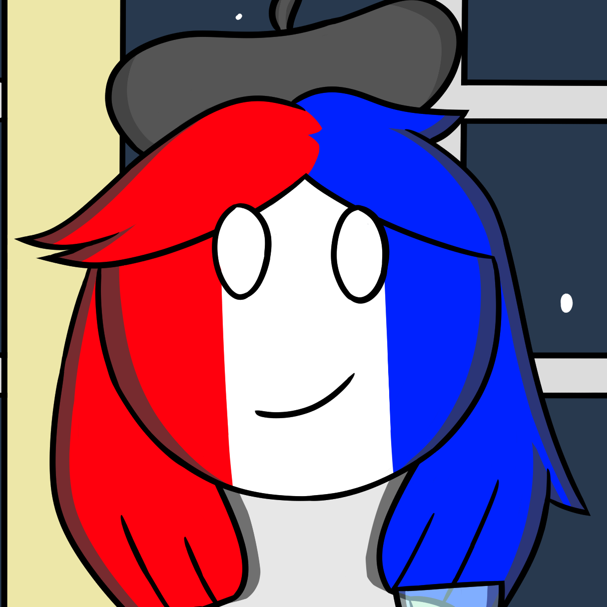 This is a drawing of a Countryhuman, which are characters with human bodies and spheroid heads that are decorated with a country's flag in them, and specifically France. Here, she is wearing a beret and yellow sleeveless dress, and she is lifting up an empty wine glass. Behind her is a wall of the fancy building she is in, which is yellowish and has multiple large, decorated windows that show the starry night sky ouside of the building.