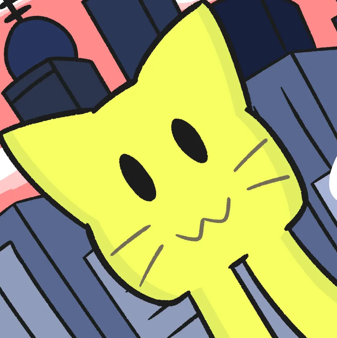 This is a digital artwork of a neocat, a pale yellow blob with cat ears, dot eyes, and cat whiskers, but this time, they have legs that are twice as long as their body. Behind them is a blue cityscape and a pink-ish evening sky, and they simply state "...miau."