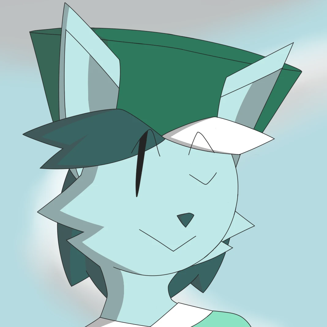 This is a digital artwork of Hopper, a light-blue cat with teal hair, large green postal hat, aquamarine crop-top, and a green skirt. He is holding onto the railing of a ship as he looks towards the left smiling. Behind him, the sky is partly cloudy and a bit dim.