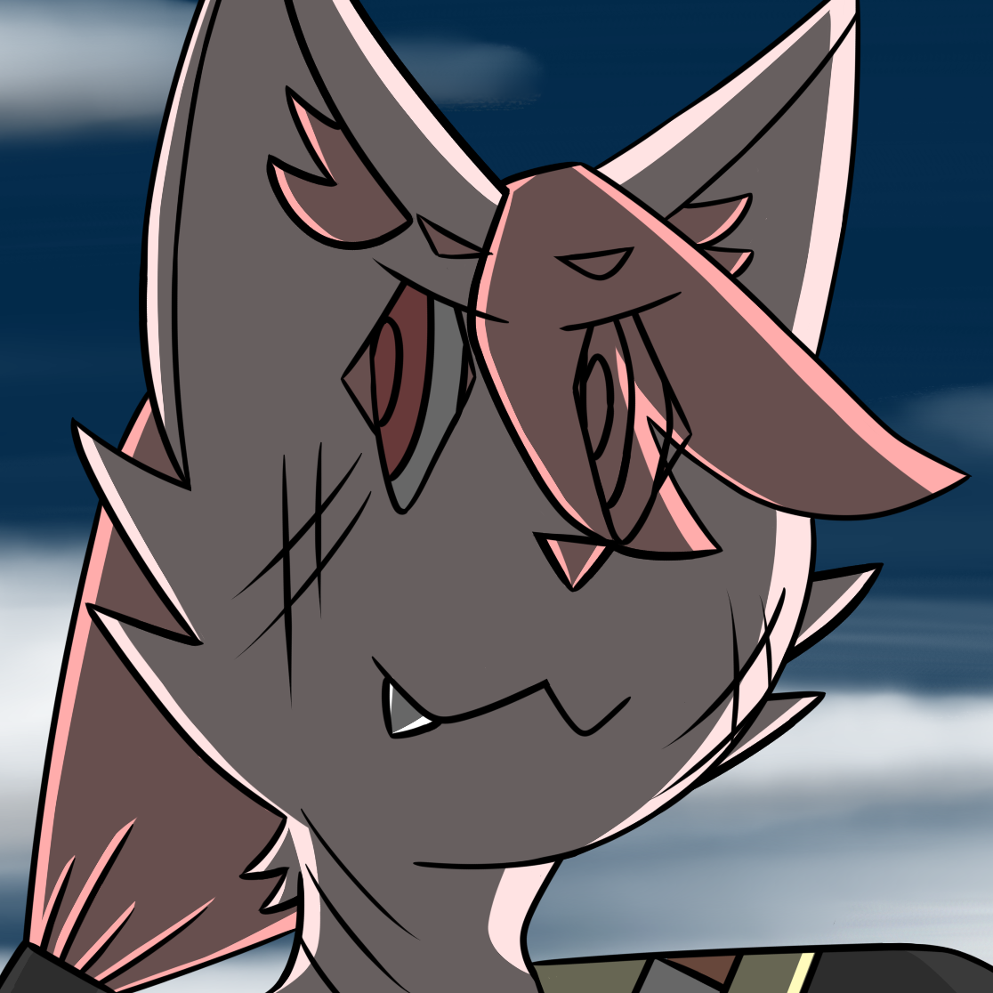 This is a digital artwork of Kuiper Kutlass, a disheveled, pink cat with a ponytail. He is just wearing a black captain's jacket unbuttoned and tight shorts, and he is crossing his arms together as he stands behind an open sea in the early morning.