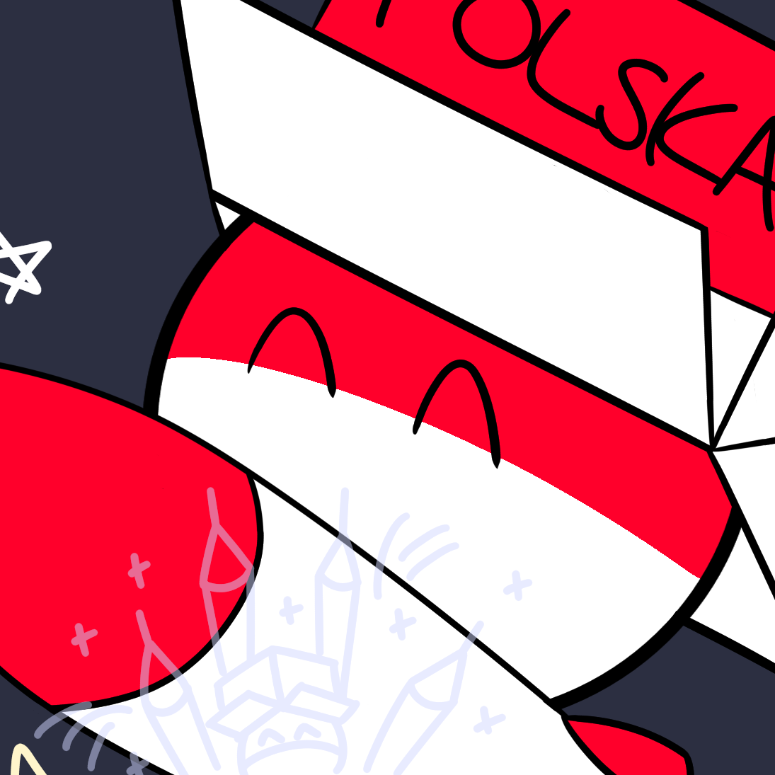 This is a digital drawing of a countryball (which is a sphere with a country's flag as its design meant to represent countries, especially when talking about politics or history), specifically that of Poland. Here, it is riding a rocket in space and wearing an oversized white-and-red cardboard box labelled "Polska" over its head.