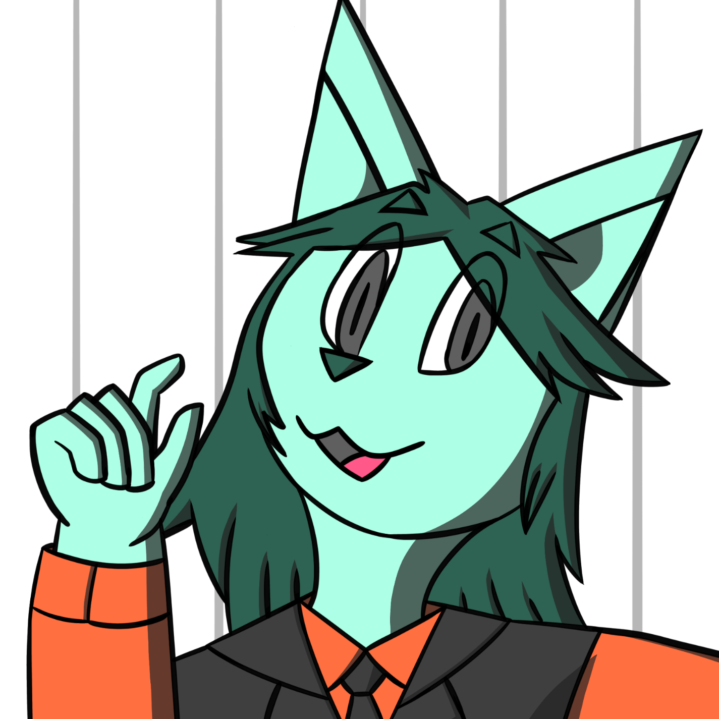 This is a digital artwork of Yari, a teal cat with long, green hair. He is wearing an orange dress shirt, a black crop-top sleeveless blazer over it, a cape attached behind the blazer, black pants, and white-and-gray sneakers. He is sitting on a room with a tiled orange floor and a white-and-gray striped wall.