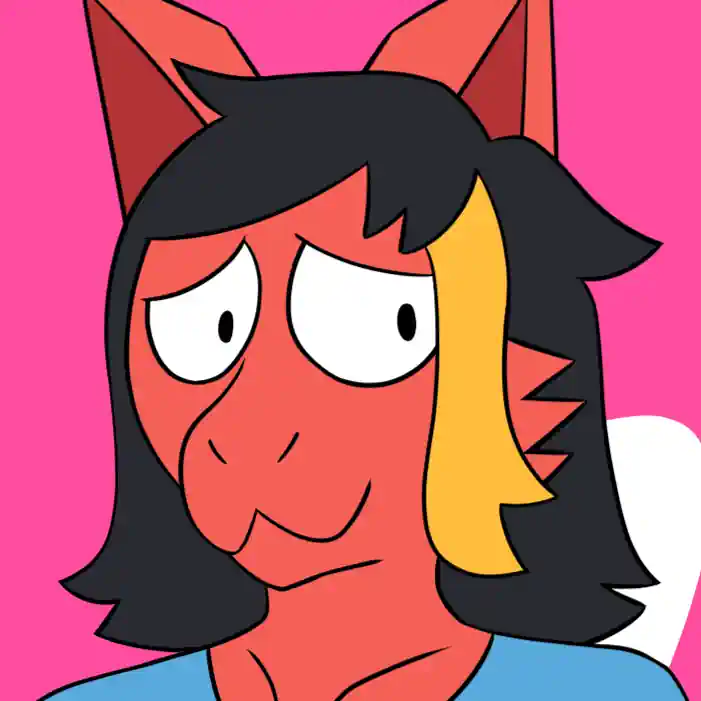 This is a digital artwork of Amber, a red dragon with a blue shirt and shorts by the artist FreonCat. She is holding a large heart that has stripes representing the trans pride flag (baby blue, pink, and white).