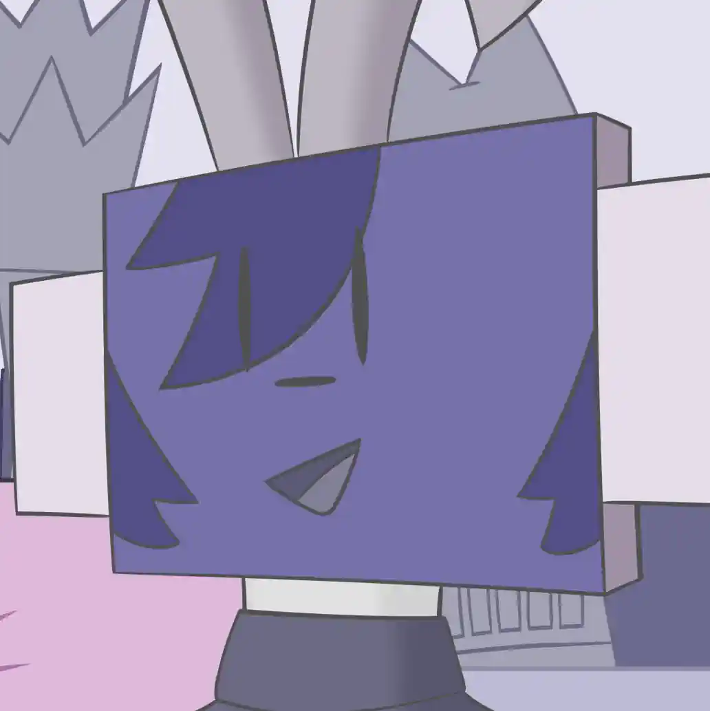 This is a digital artwork of Ambra, an anthro robot with antennas like bunny ears. She is wearing a purple open-shoulder sweater while holding a paper and talking about something, and a computer setup and an advanced city scape outside the window are behind her.