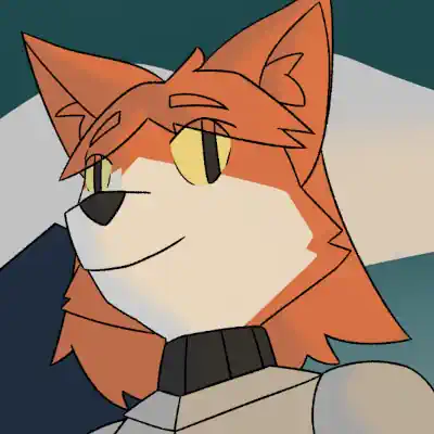 This is a digital artwork of Niki, an orange fox with an armor chestplate, black over-the-knee socks and crop-top sweater, and a blue miniskirt. She is leaning along a metal fence, and behind her is a large cityscape.