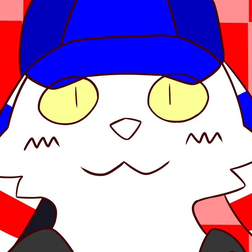 This is a digital artwork of the fursona Atapi, a white (with blue-and-red details, blue cap, and unzipped red sweatshirt) cabbit (a hybrid with floppy rabbit ears and a cat face) by Sterophonick. He is looking to the viewer and making a piece sign. To the left of him, a post by Sterophonick reads "I need my sona drawn like the cabbit", and the background is a red-and-pink checkerboard.