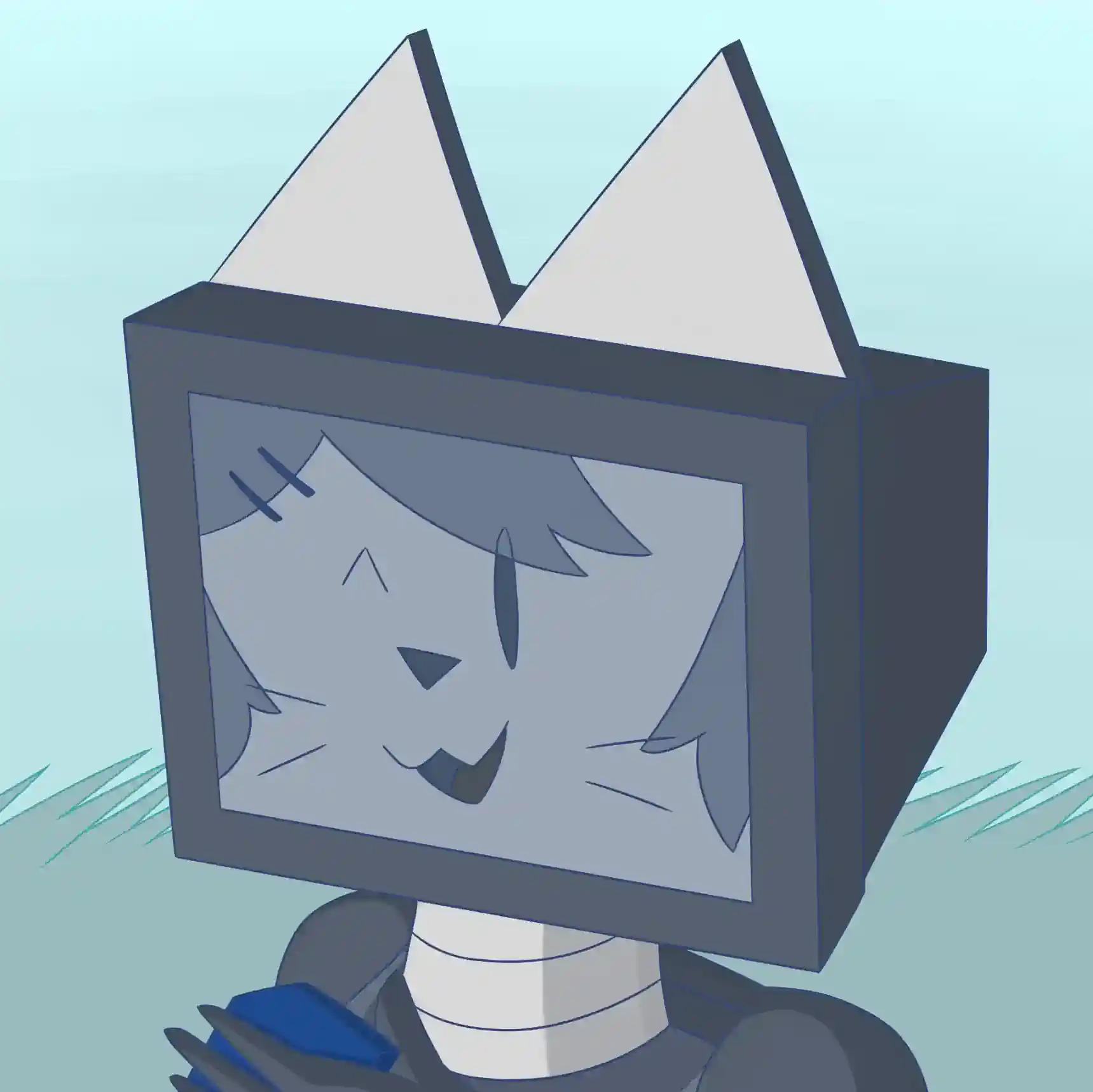 This is a digital artwork of Qompac, a dark-blue robot cat-girl with a humanoid body and a CRT head. She is sitting down upon a picnic blanket wnad winking.