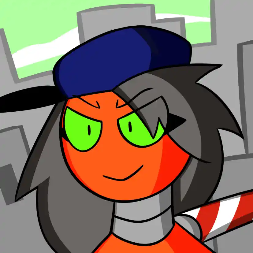 This is a digital artwork of Trafia, a robotic traffic cone by Puzzylpiece who wears a blue cap and gray wig. She is in the city riding a stop sign like a skateboard.
