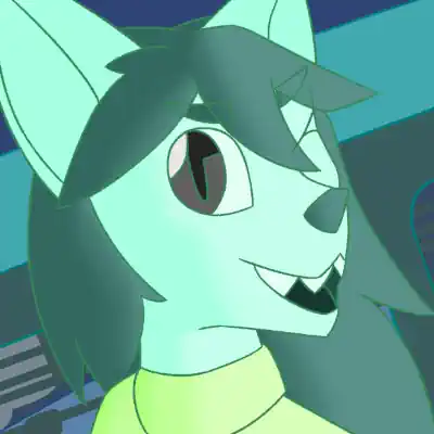 This is a digital artwork of Yari, a green anthro cat with long hair, crop-top T-shirt, and baggy pants who is smugly winking at you. Next to her is a bent street sign saying "GIRL, STOP", and behind her is a bus and a downtown street in the evening.