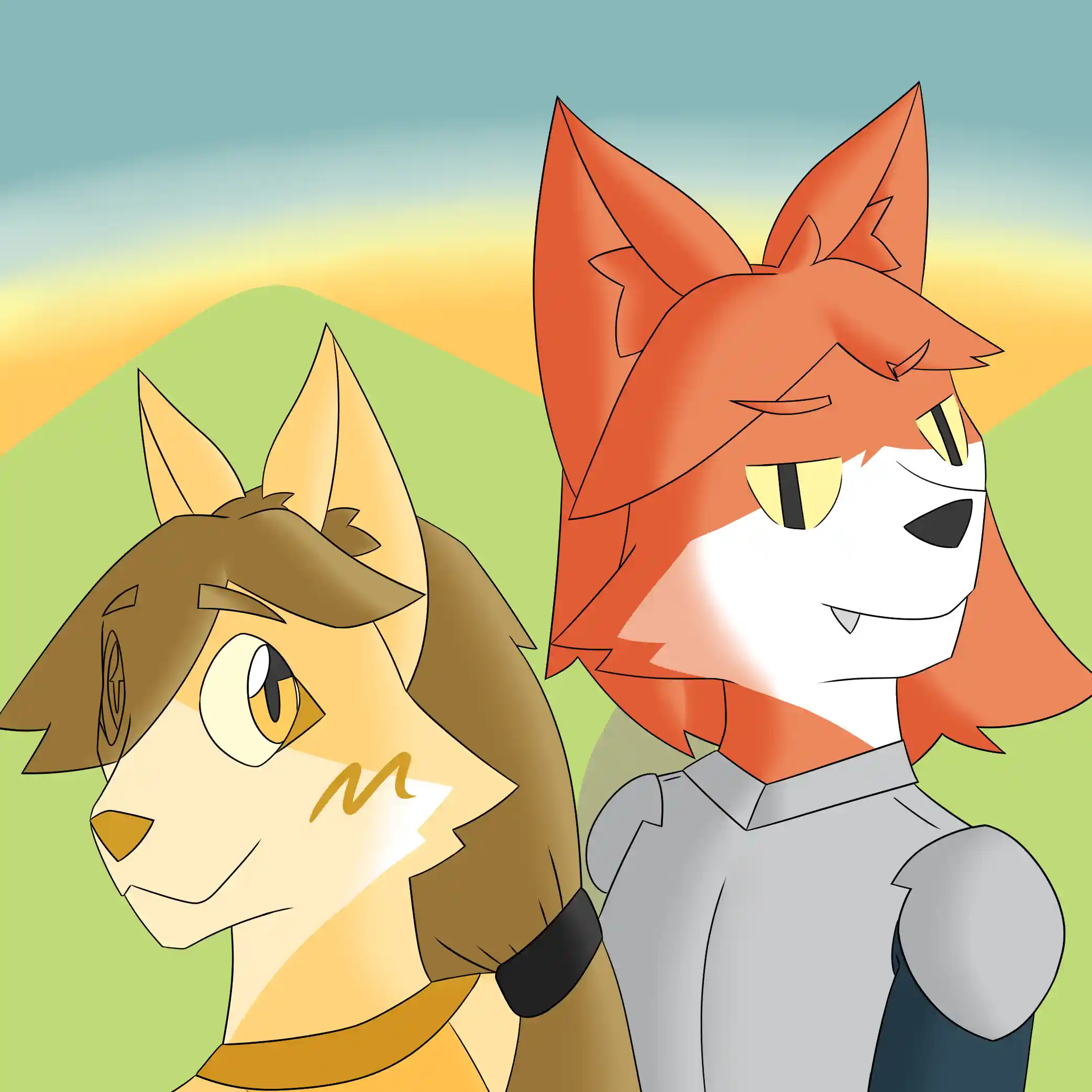 This is a digital artwork of Clive, a pale yellow fox, and Niki, a red fox, standing together at a dirt road in the sunset. Clive has a ponytail, a sleeveless shirt, and baggy pants on, and he is holding an axe. Niki has long hair, a blue sweater, chest armor, a miniskirt, over-the-knee socks, and boots on, and she is holding a sword.