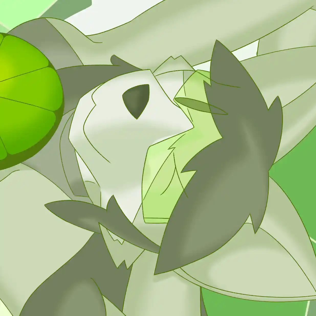 This is a digital artwork of Poppy, a green fox with stockings, a visor, and a skimpy dress designed to look like a lime and a leaf. She is looking up to you and winking, while clouds and a large field is below her.