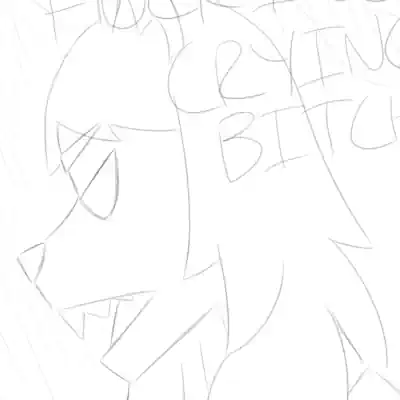 This is a digital sketch, where Bluskey, an anthro butterfly with round glasses, is about to cry, whimpering "I wish you could see that I'm a person too...," while Fedi, an anthro fox with long hair, yells to her "STOP FUCKING CRYING BITCH."
