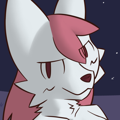 This is a digital artwork of two nude girls sitting in a grassland at night. To the left is the girlkisser or silly cat, a white anthro cat with long pink hair and a smug face. She is touching the penis of Fran to her right, a blue anthro fox with a nervous face.