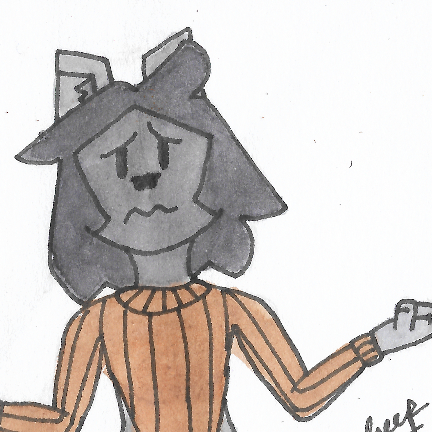 This is an outlined watercolor artwork of my fursona, Poppy (a gray dog with long, black hair as of the making of this artwork) wearing a brown bodysuit modeled after a sweater. They seem to be embarrassed about it, seeing as their legs are spread apart and they have a nervous expression.