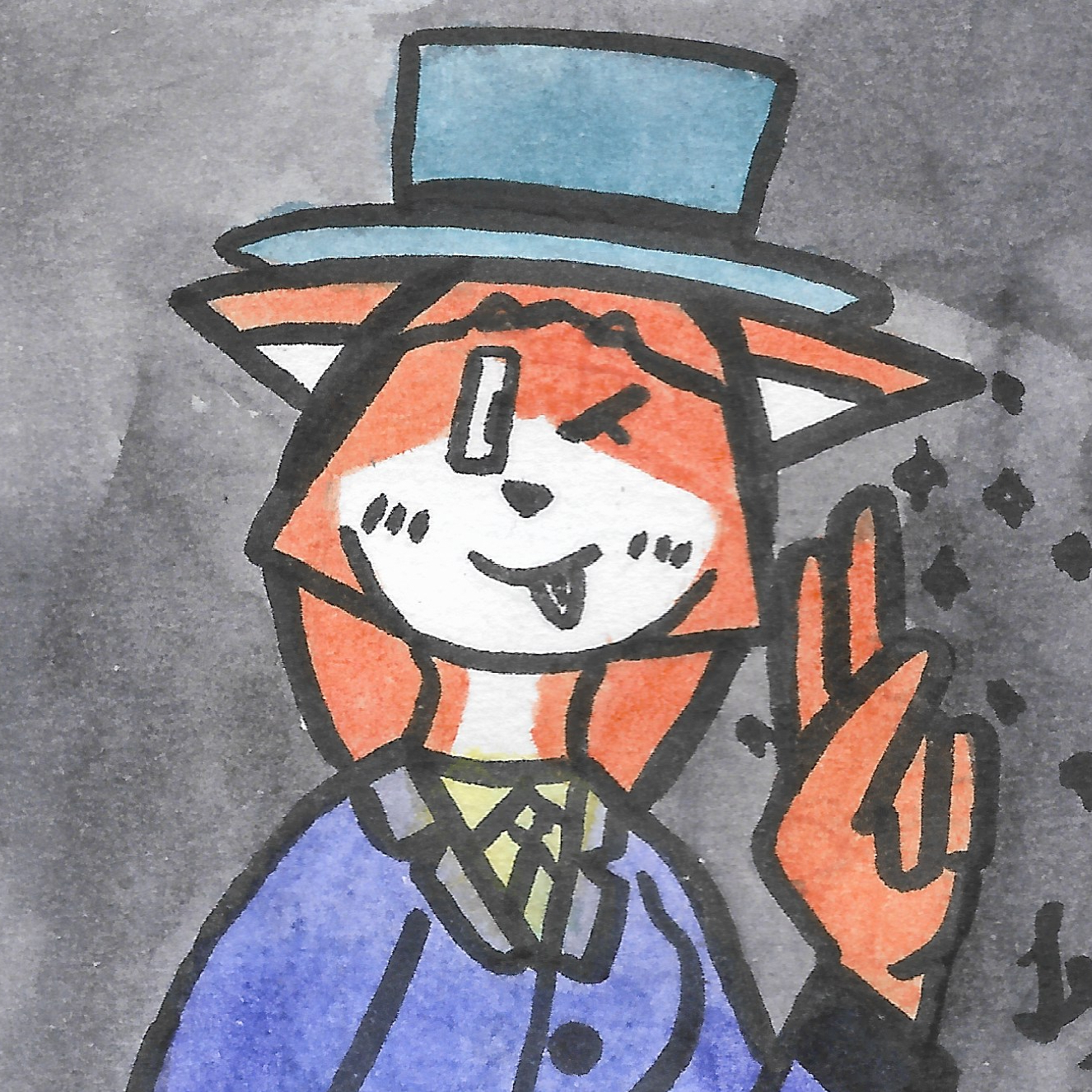 This is a watercolor artwork of Niki, although her design is different. She is a magician in a purple suit and blue top hat, with pupils in her eyes. She is winking, blushing and pointing only her pointer finger and middle finger up (with her hand sparkling), and behind her is a sparkling yellow-and-red sign that she changed to say "Welcome to Nikitopia - Meira, ZE." Behind the sign is a distant figure, shouting "Hey! Stop hexing our sign."