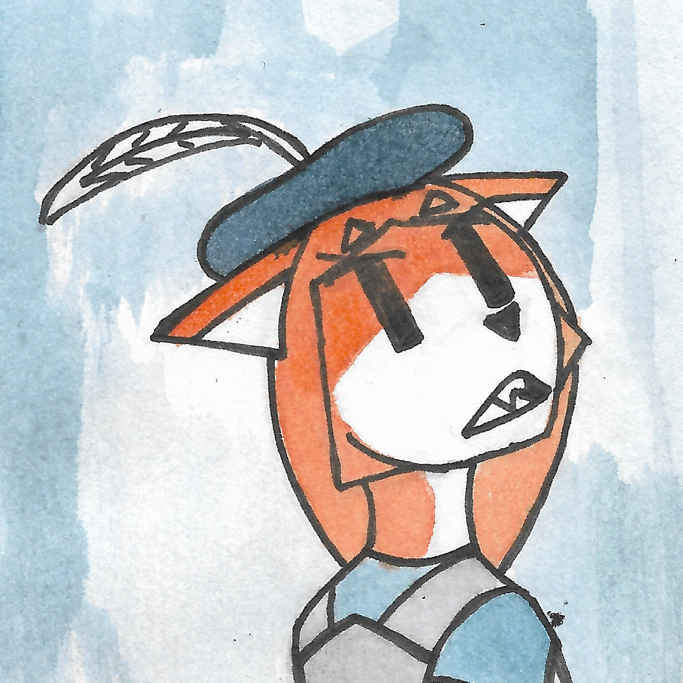 This is a water-colored and outlined artwork of Niki, a red fox swordsman, who is wearing a dark-blue beret, blue clothing, and gray metal armor all over her body. She is looking at you and saying something (though it isn't specified what).