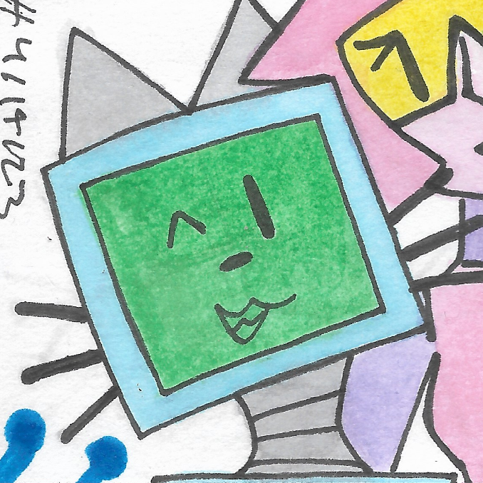 This is a watercolor artwork of a group of three robots. From left-to-right, here's Qompac, a blue robot cat with gray in some parts, a 90s design, and a green-screened CRT for a face, Solaris, who is a pink humanoid robot girl with a yellow visor for eyes, and Kipper, a white robot with gray and orange in some parts and a orange-screened LCD for a face. They are all smiling, and Qompac and Kipper are winking. Behind them is a low-detail white background of blue motherboard circuits.