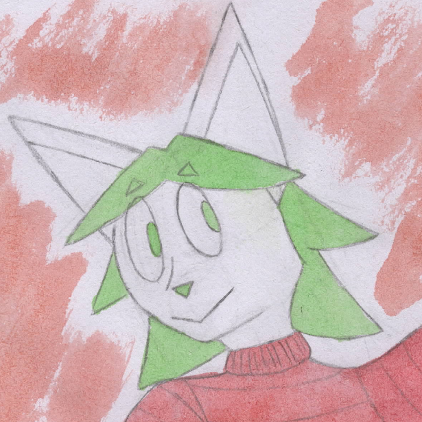 This is a watercolor drawing of Seth, a white cat with long lime-green hair. He is wearing a red crop-top sweater, green short-shorts, and teal thigh-high socks, and he is holding one hand up in the air and one hand to his side.