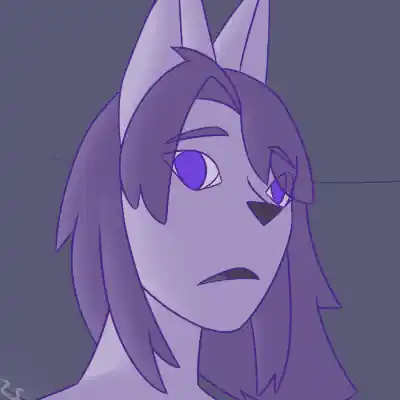 This is a digital artwork of a nude cat-like human with purple skin kneeling down on a blue bed. They are looking at you from behind, and behind them is a set of curtains.
